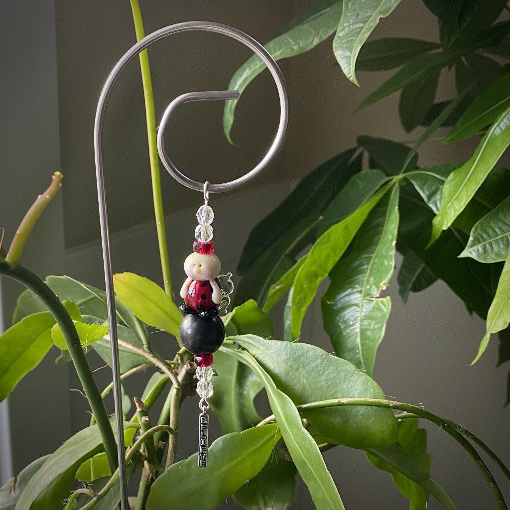 Ladybug Angel Shungite Plant Stake, Artisan Lampwork Glass Bead