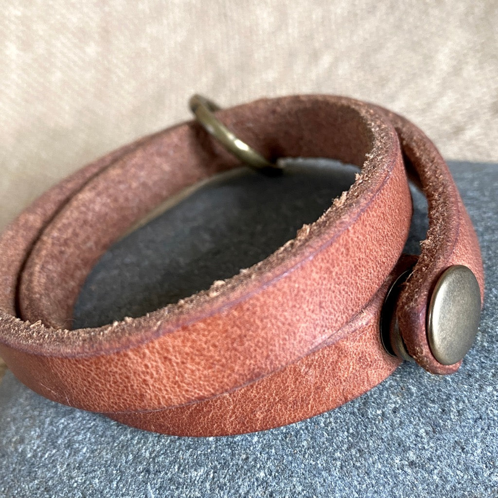Leather Double-Wrap Bracelet, Shungite Bead, 200 Year Old Bronze Ring