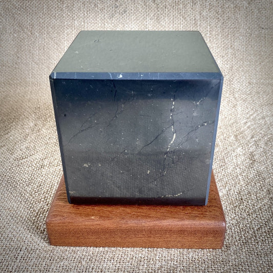 Polished Shungite Cube, 4 Inch (100 mm), with Custom Mahogany Stand - Shungite Queen
