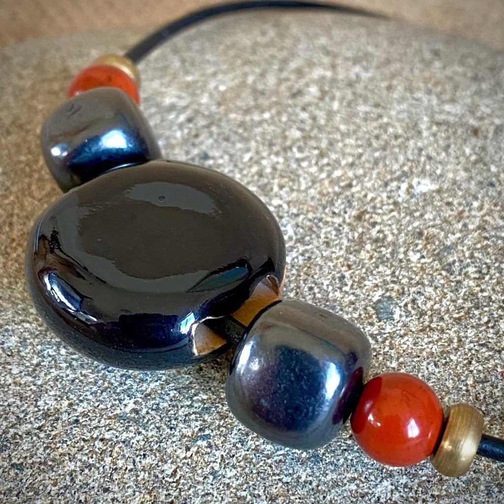 Shungite Necklace w/Colorful Stoneware Lentil Bead, Jasper & Brass