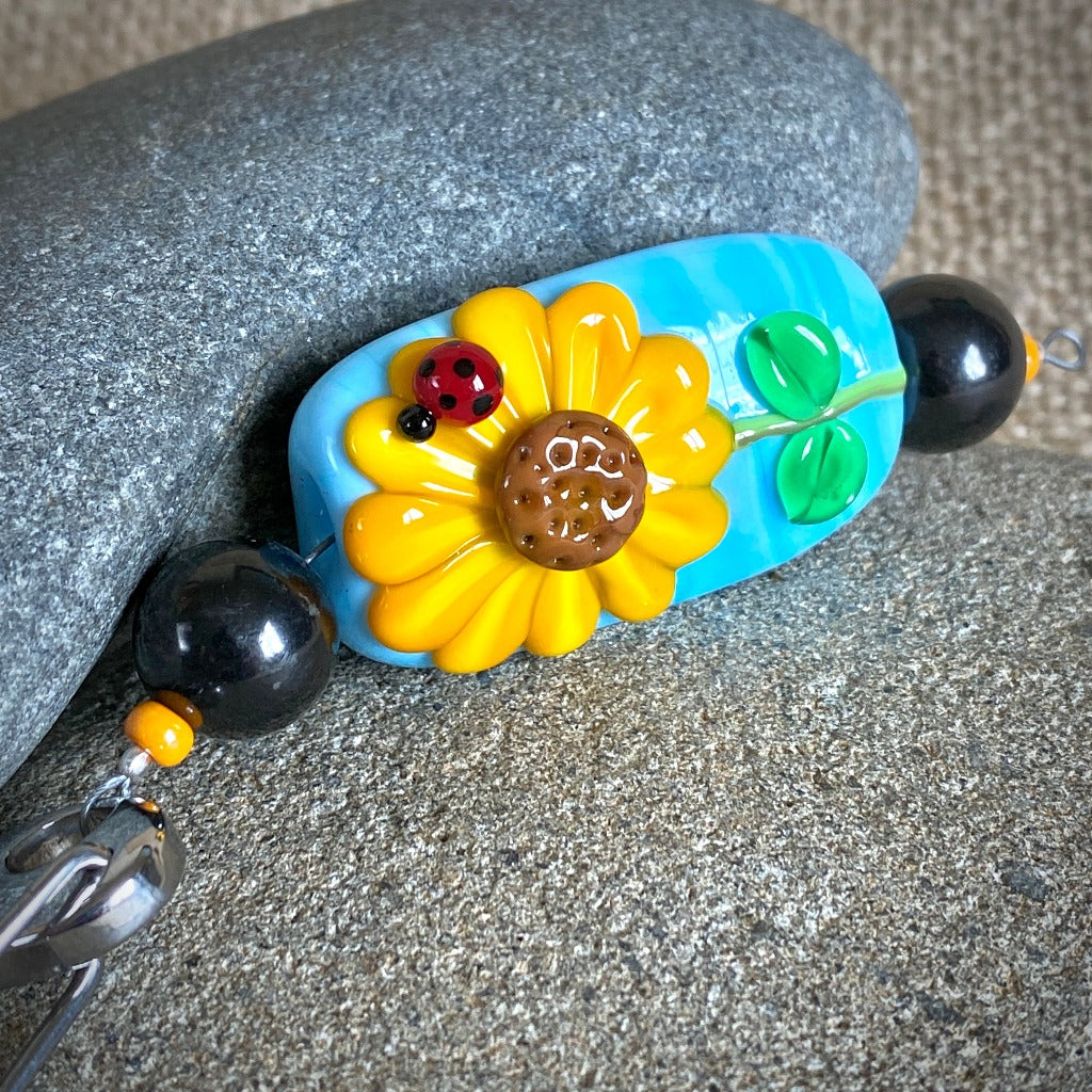 Artisan Lampwork Glass Sunflower Necklace or Hangable, With Shungite