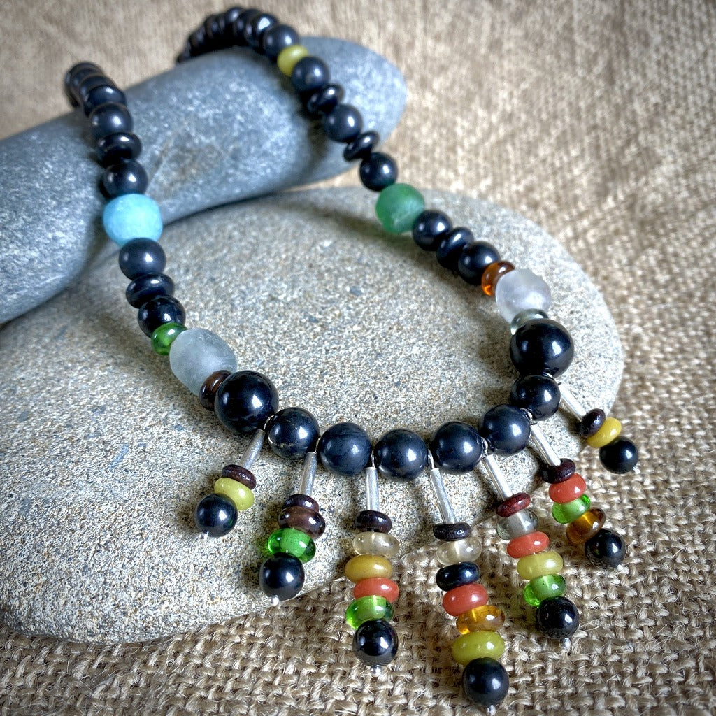 Tribal Necklace, Waterfall Style, Black Shungite & Recycled African Glass