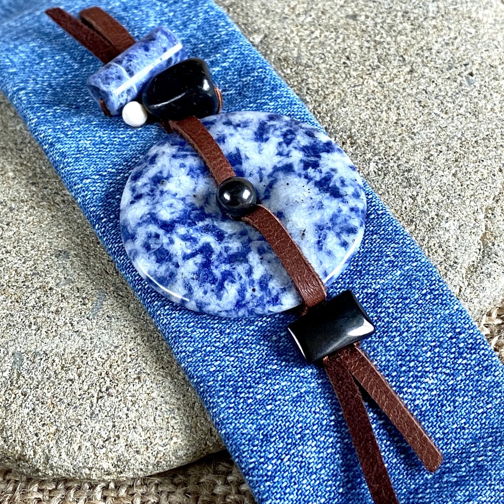 Blue Denim Cuff Bracelet, Sodalite Donut, Shungite & Sodalite Beads - Shungite Queen