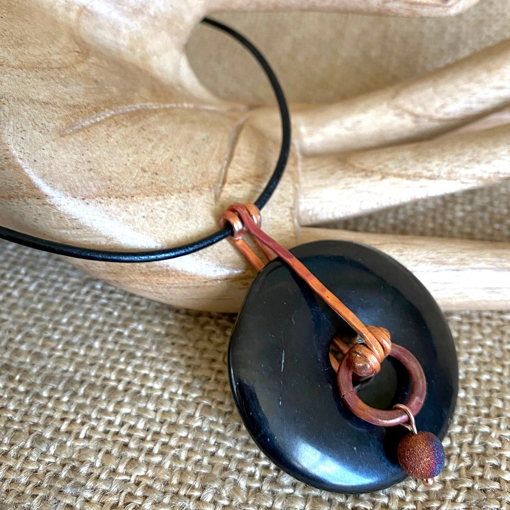 Shungite Donut Necklace 40mm With Copper Bail, Copper Ring, Raku Bead