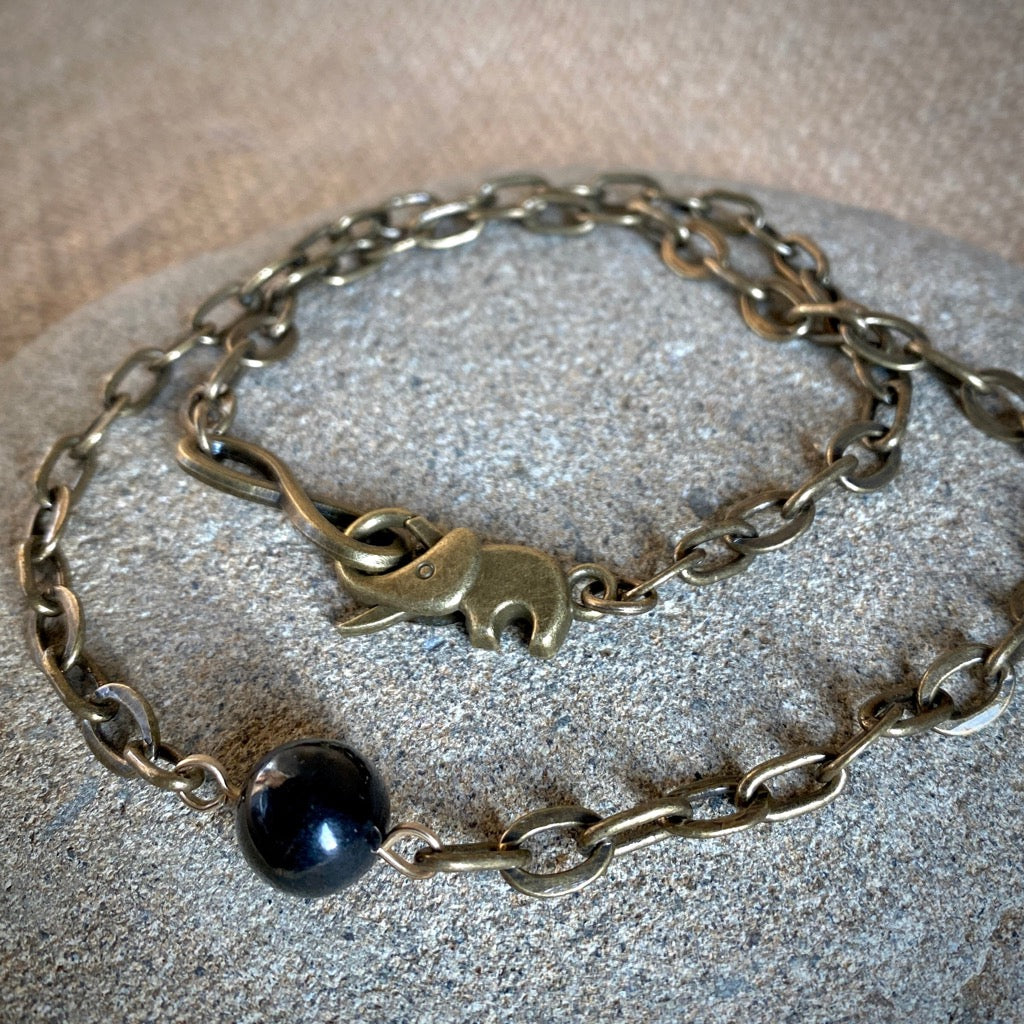 Simple Shungite Bead Necklace, Unisex, Chunky Brass Chain, Elephant Clasp