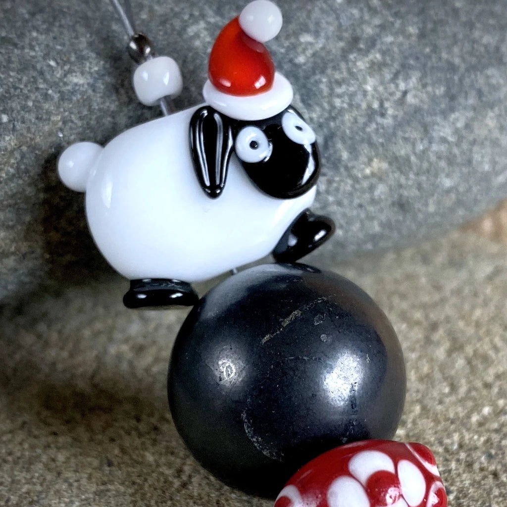 Sheep with Christmas Cap, Handcrafted Lampwork Bead Shungite Ornament - Shungite Queen