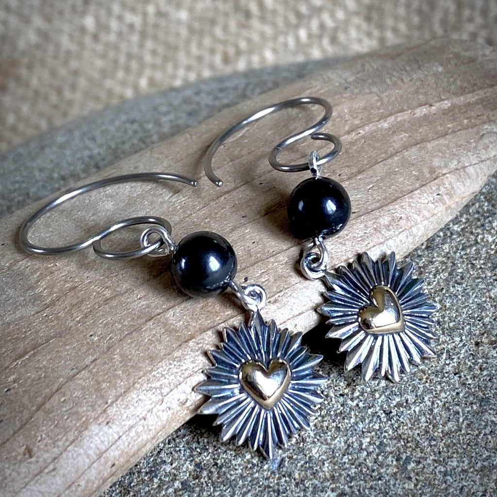 Shungite Earrings With Mixed Metals, Heart Surrounded by Sun Rays