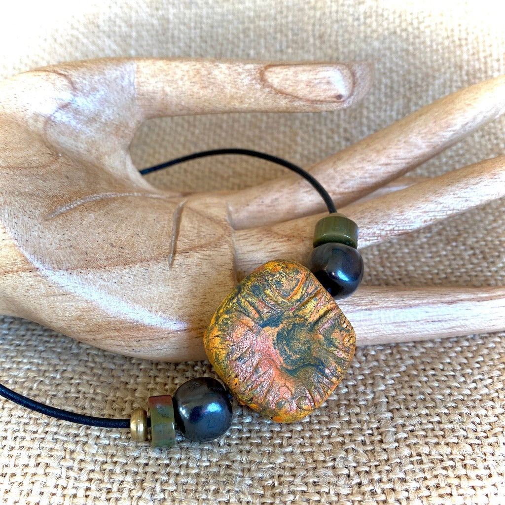 Shungite Necklace With Bright Yellow Ceramic Focal, Jasper & Brass