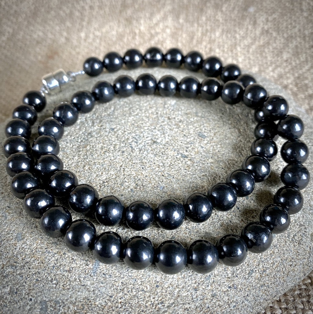 Black Shungite 8mm Round Bead Necklace, 18 Inches, Short, Unisex
