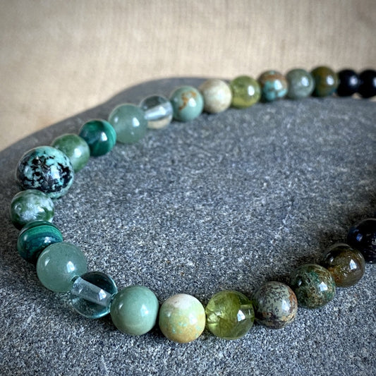 Long Shungite Necklace, Green Gemstones, Heart Chakra, Earth