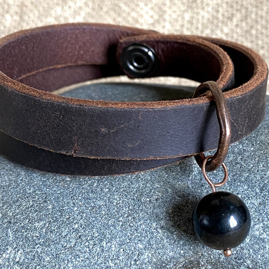 Leather Double-Wrap Bracelet With Shungite Bead on Copper Ring