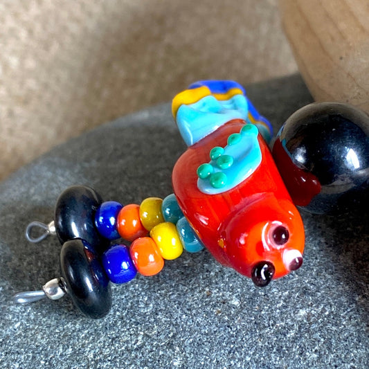 Colorful Shungite Bird Clip-on, Red and Blue, Artisan Lampwork Glass