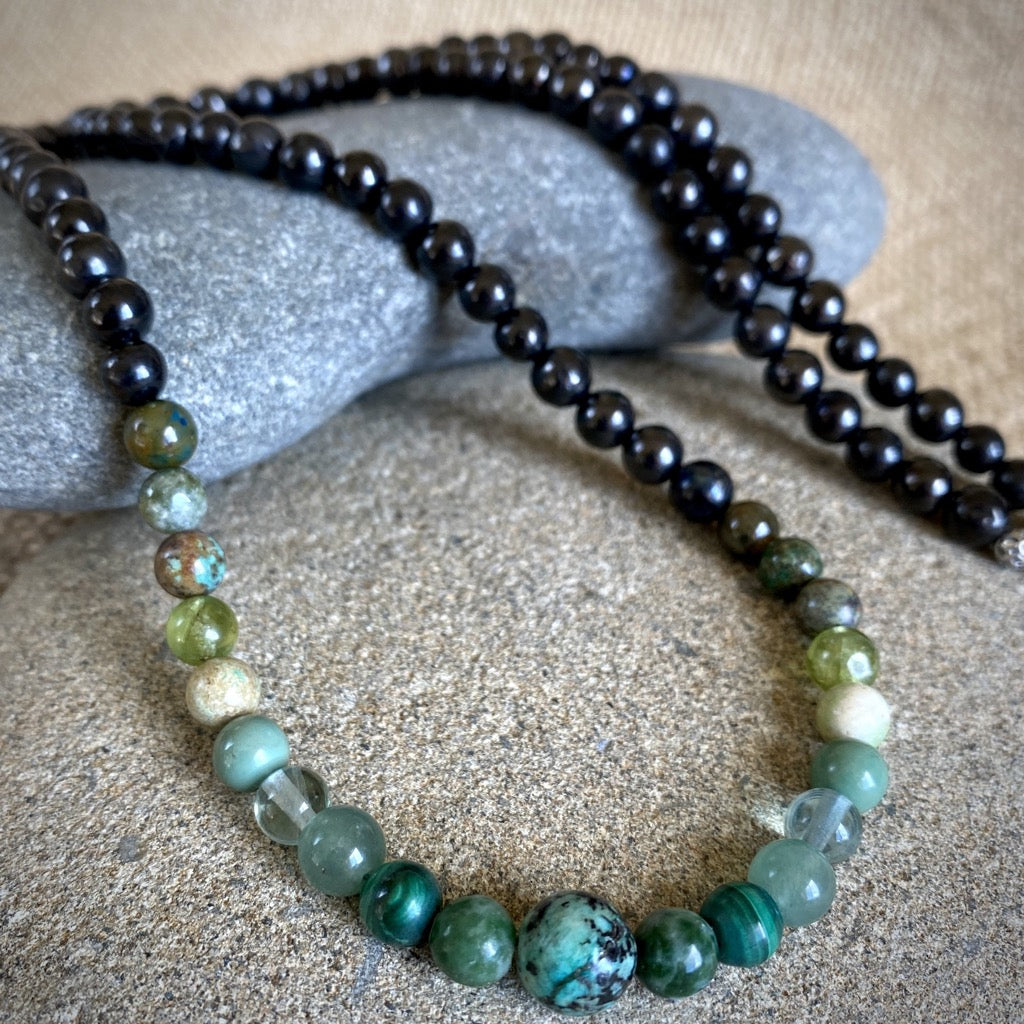 Long Shungite Necklace, Green Gemstones, Heart Chakra, Earth