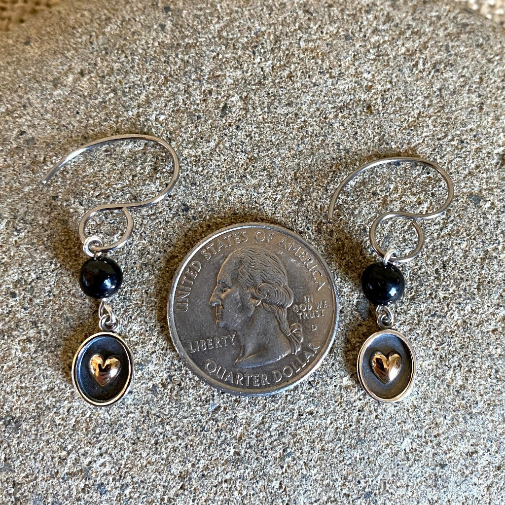 Shungite Earrings, Sterling Silver Shadow Box With Bronze Heart