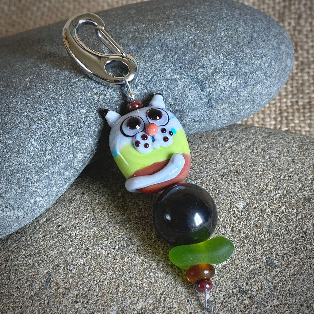 Shungite Clip-on, Necklace, Green and Brown Cat, Artisan Lampwork Glass