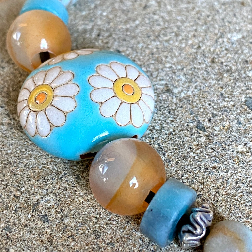 Carnelian & Amazonite Necklace w/Happy Daisies Stoneware Lentil Bead