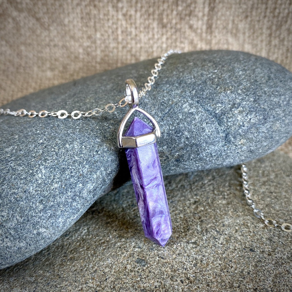 Charoite Double Point Pendant w/Sterling Silver Setting, Siberian Stone