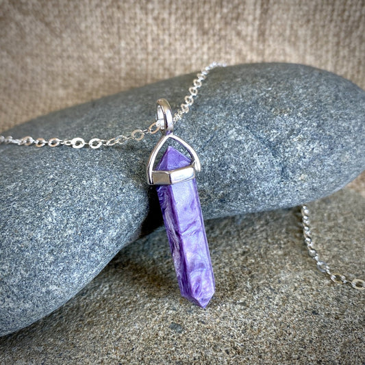 Charoite Double Point Pendant w/Sterling Silver Setting, Siberian Stone