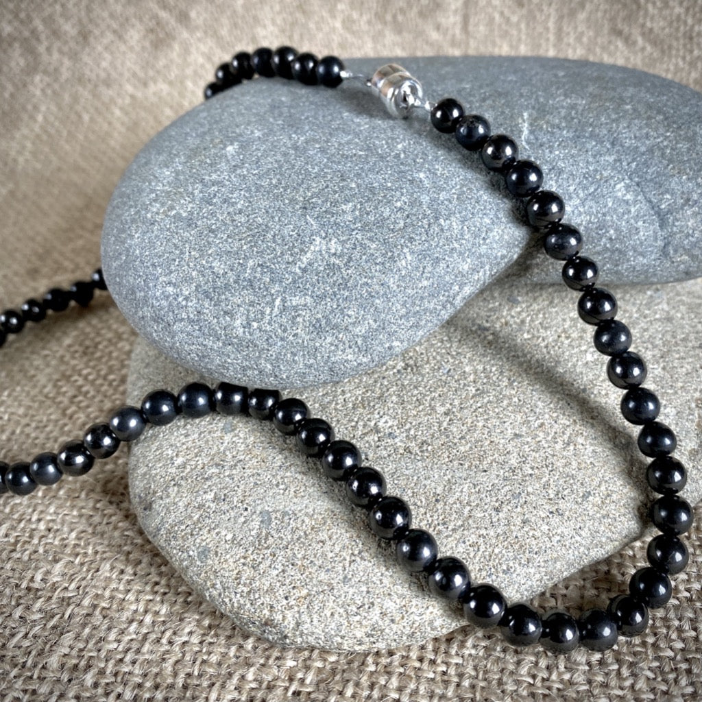 Black Shungite 6mm Round Bead Necklace, 18 Inches, Short, Unisex