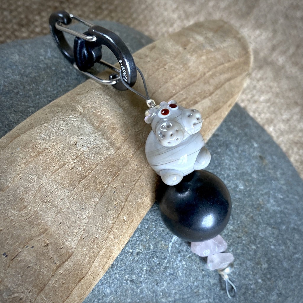Shungite Hippo Clip-On w/Rose Quartz, Artisan Lampwork Glass Bead - Shungite Queen