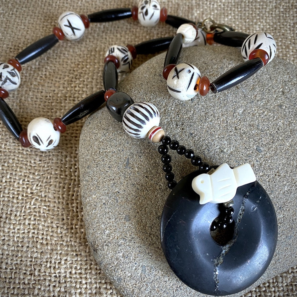Tribal Shungite Lariat Necklace with Carnelian,Tourmaline & Bone Beads