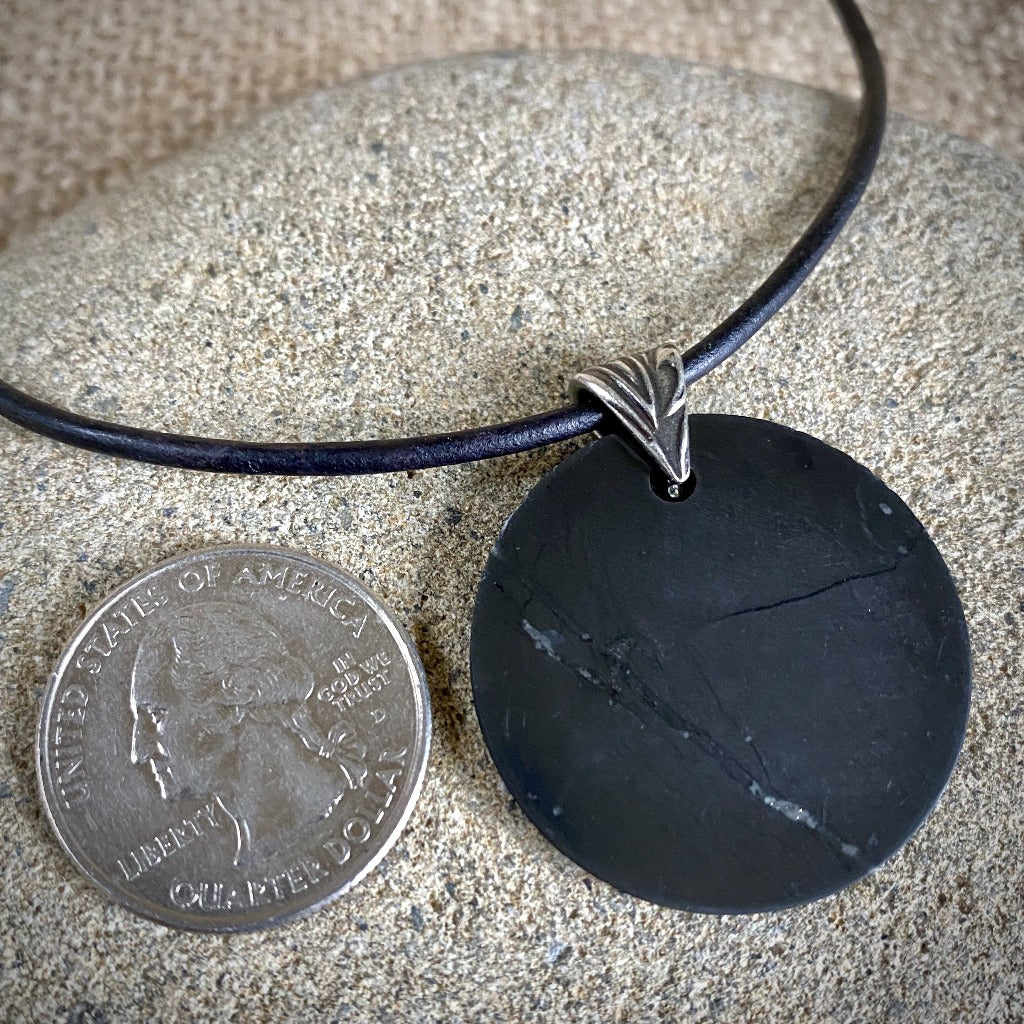Round Shungite Disk Pendant, Simple Styling, Lightweight
