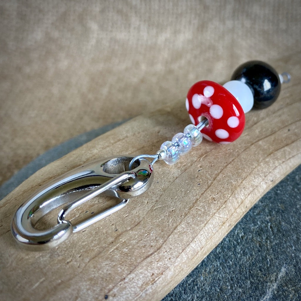 Shungite Clip-On with Red & White Glass Mushroom, Fun & Colorful