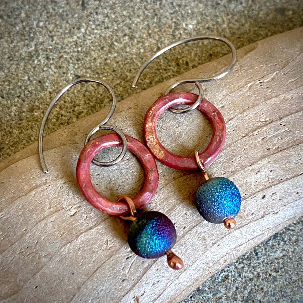Earrings with Hammered Copper Rings, Blue &  Purple Raku Beads
