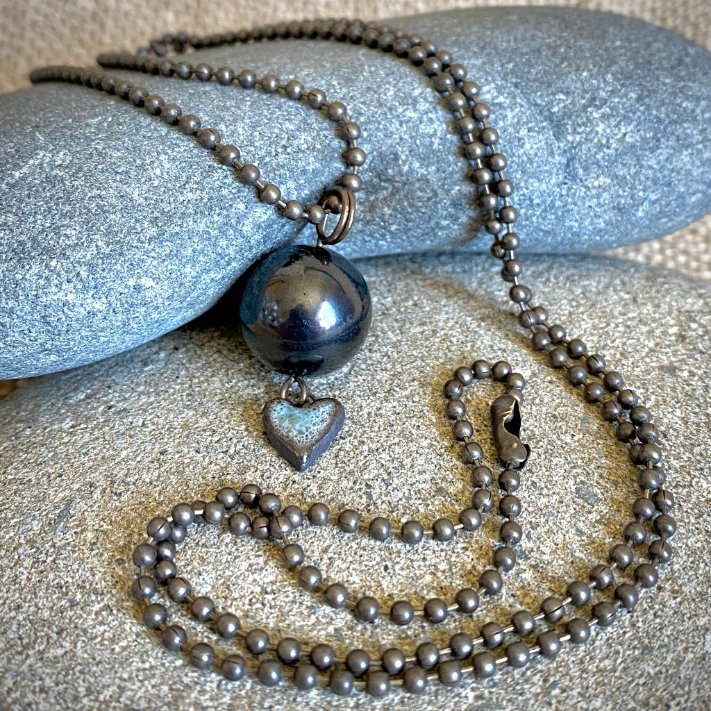 Ball & Chain Necklace, Shungite Bead, Antiqued Brass, Ceramic Heart Charm - Shungite Queen