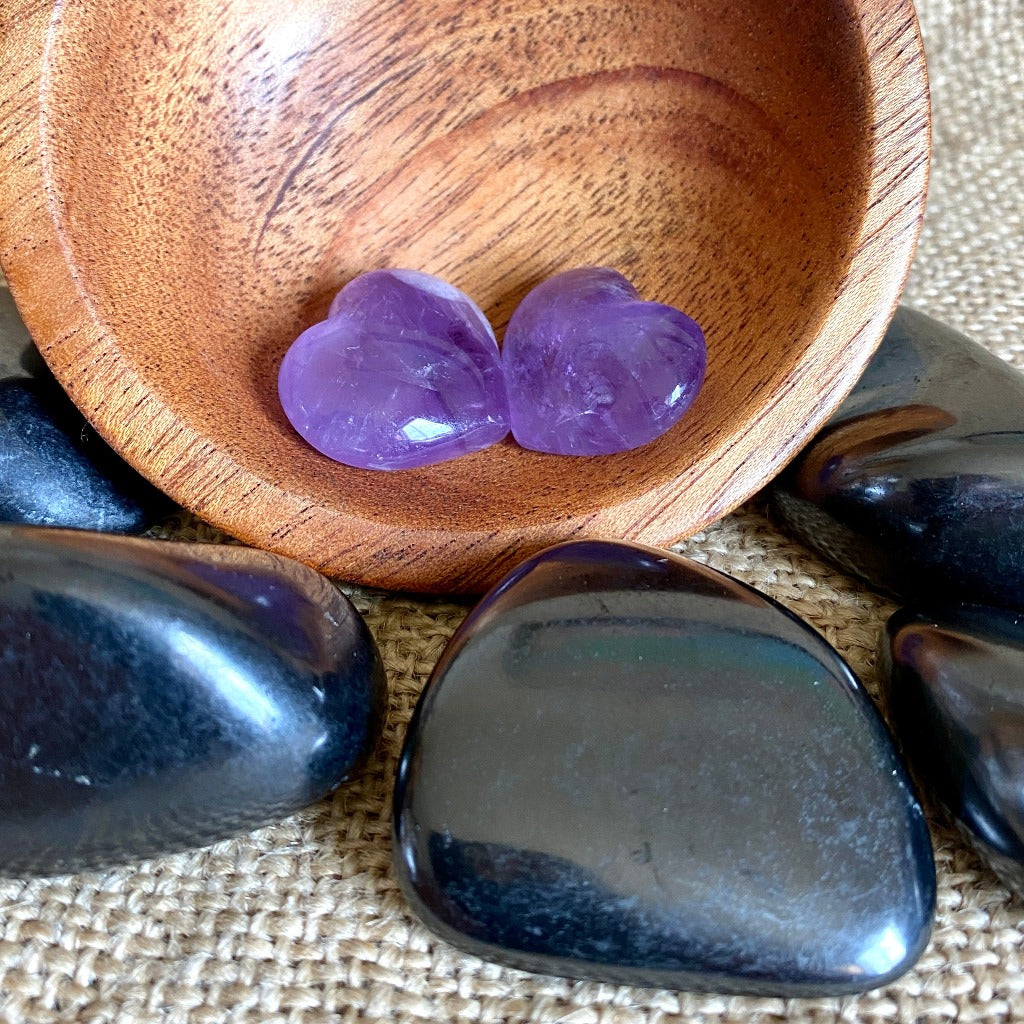 Tumbled Shungite Stones w/Amethyst Hearts In Custom Wood Bowl