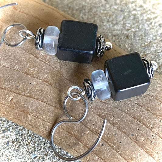 Shungite Cube Earrings with Fluorite, Cleansing, Clearing & Protection