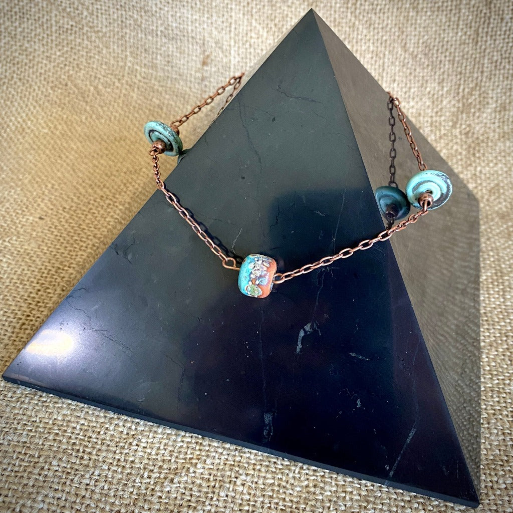 Large Copper Topper with Funky Handmade Aqua Blue Ceramic Beads