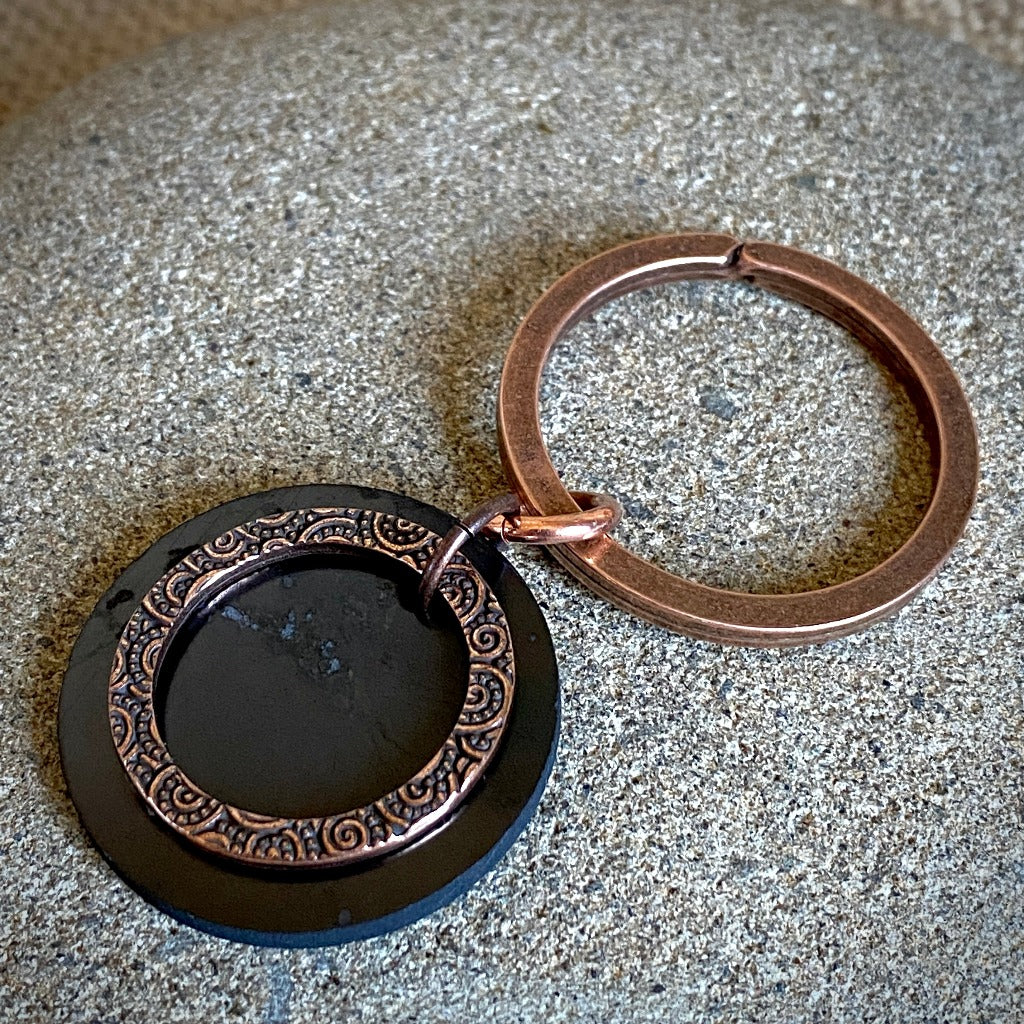Shungite Keychain, Textured Copper Ring & Shungite Circle
