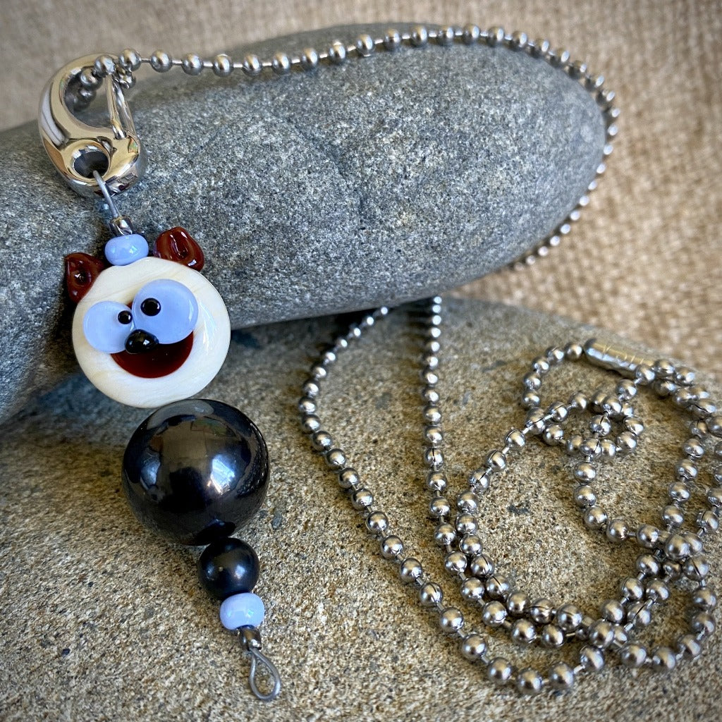 Blue-Eyed Brown & White Puppy Shungite Necklace, Clip-On for Kids