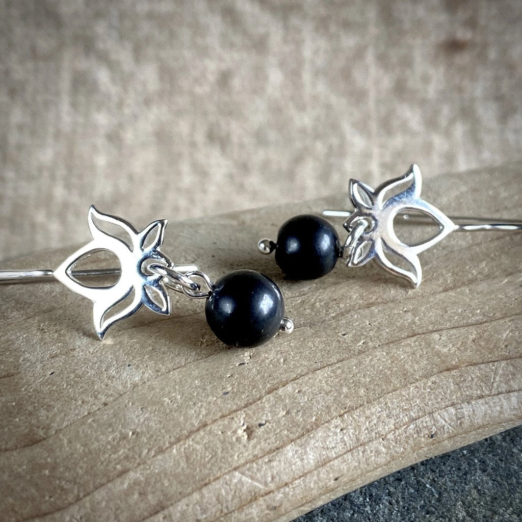 Shungite Earrings, Large Lotus Flower, Sterling Silver from Thailand - Shungite Queen