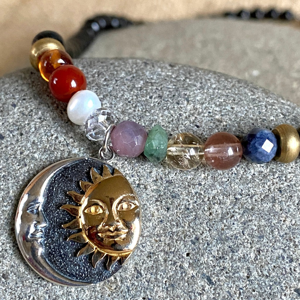 Shungite Navaratna Necklace, 9 Astrological Gemstones, Sun Moon Pendant