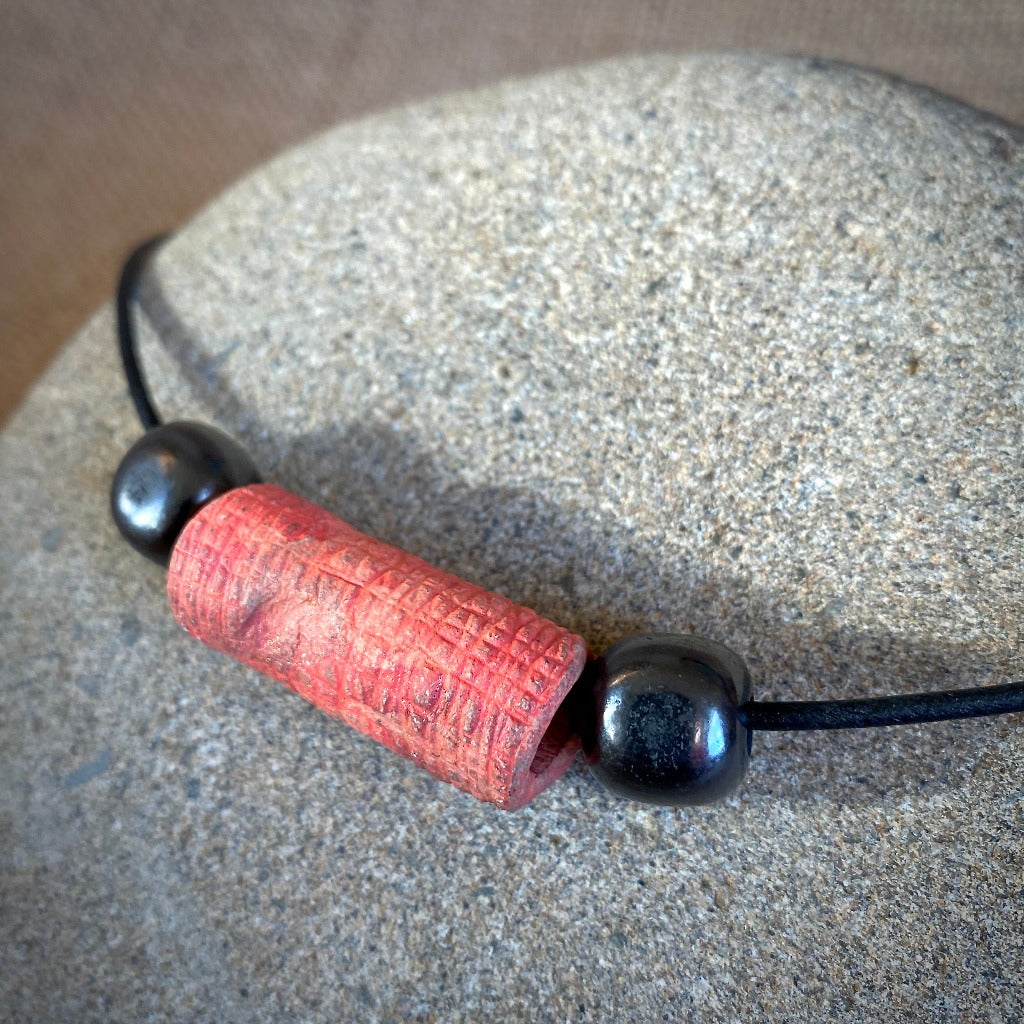 Shungite Necklace With Handmade Textured Ceramic Barrel Focal Bead