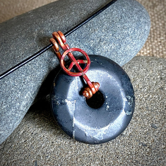 Shungite Donut Necklace With Artisan Copper Peace Sign Bail