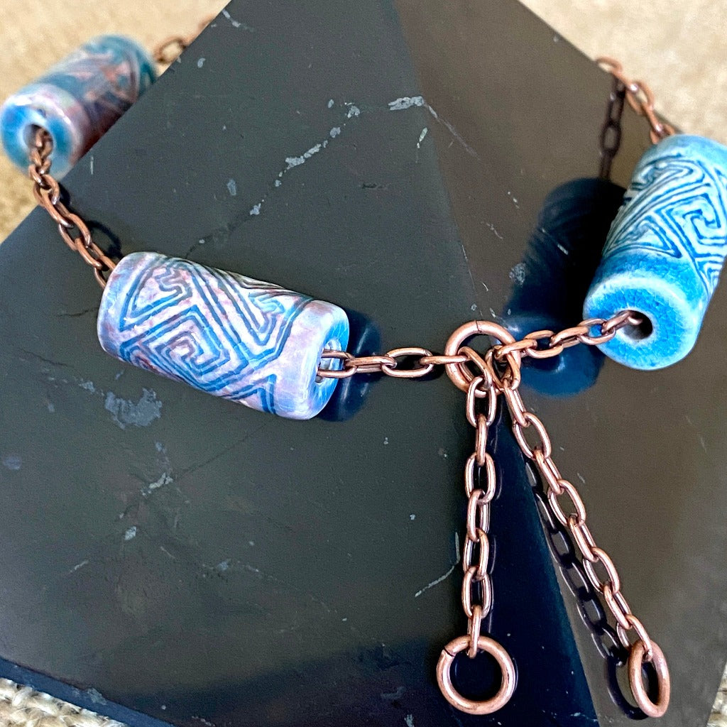 Medium Copper Topper with Blue Ceramic ZigZag Tube Beads