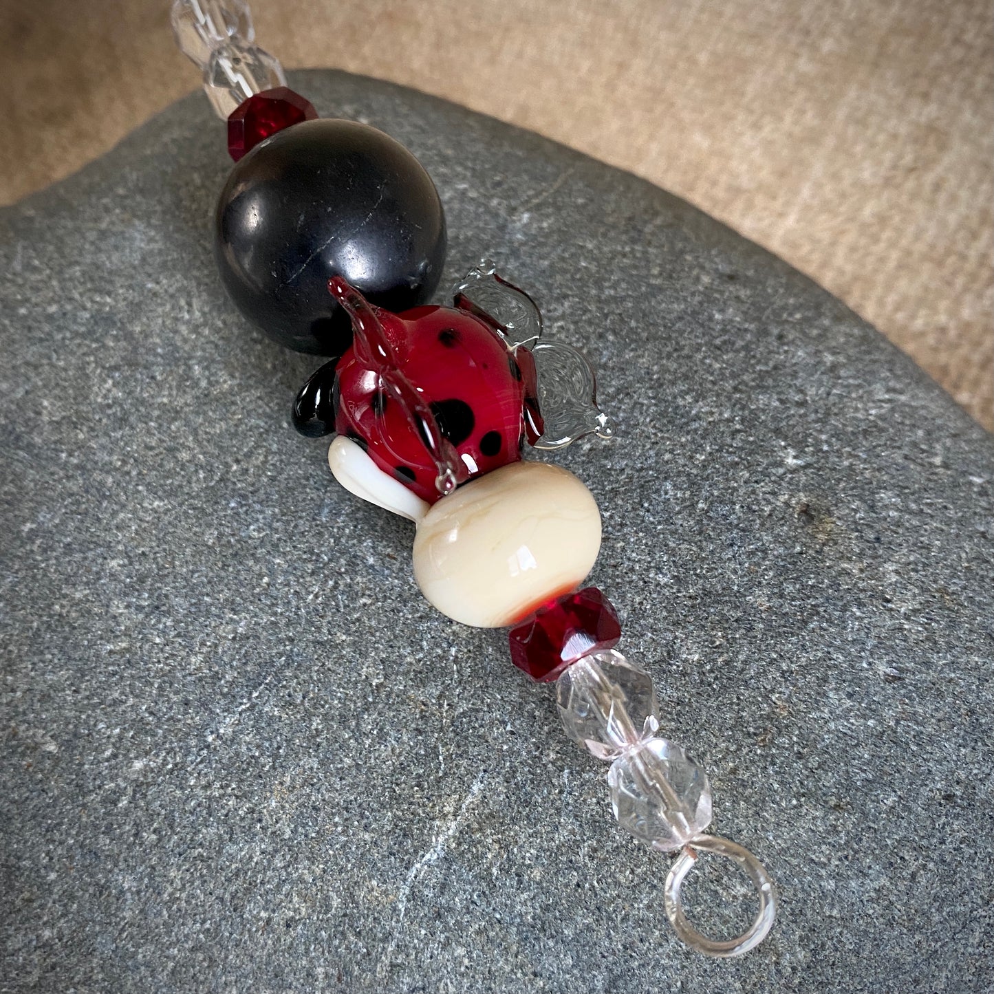 Ladybug Angel Shungite Plant Stake, Artisan Lampwork Glass Bead