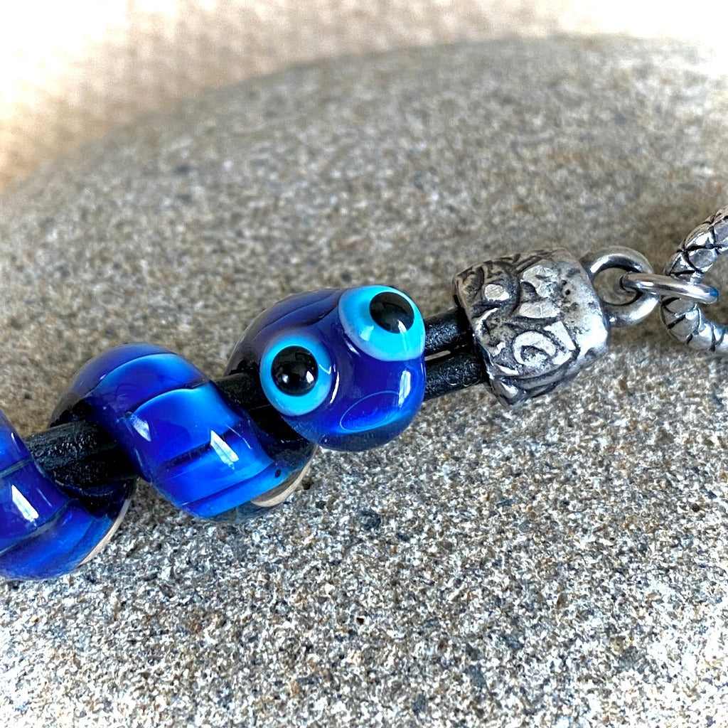 Shungite Clip-on With Friendly Blue Snake, Lampwork Glass Bead