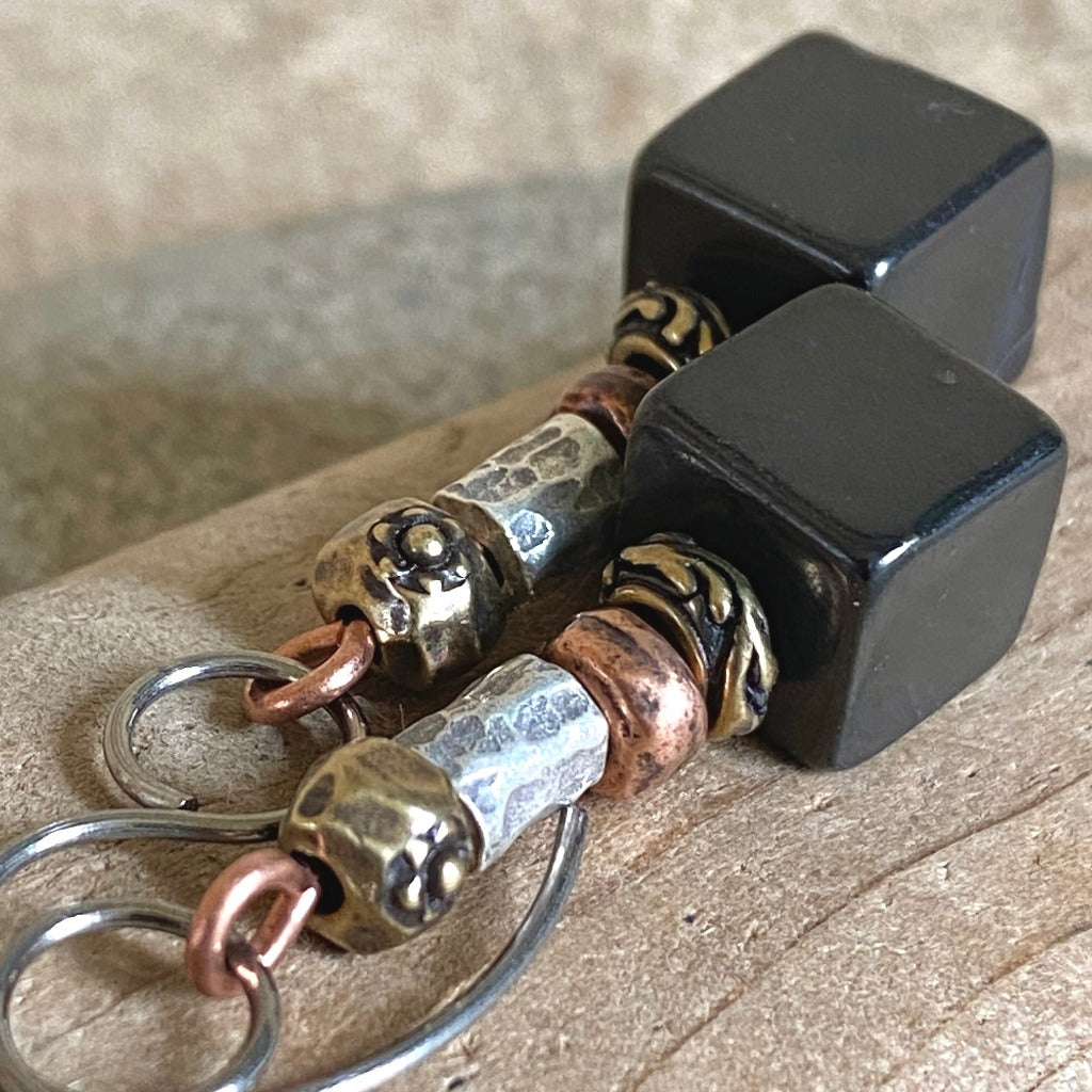 Shungite Cube Earrings with Mixed Metal Beads, Titanium Ear Wires