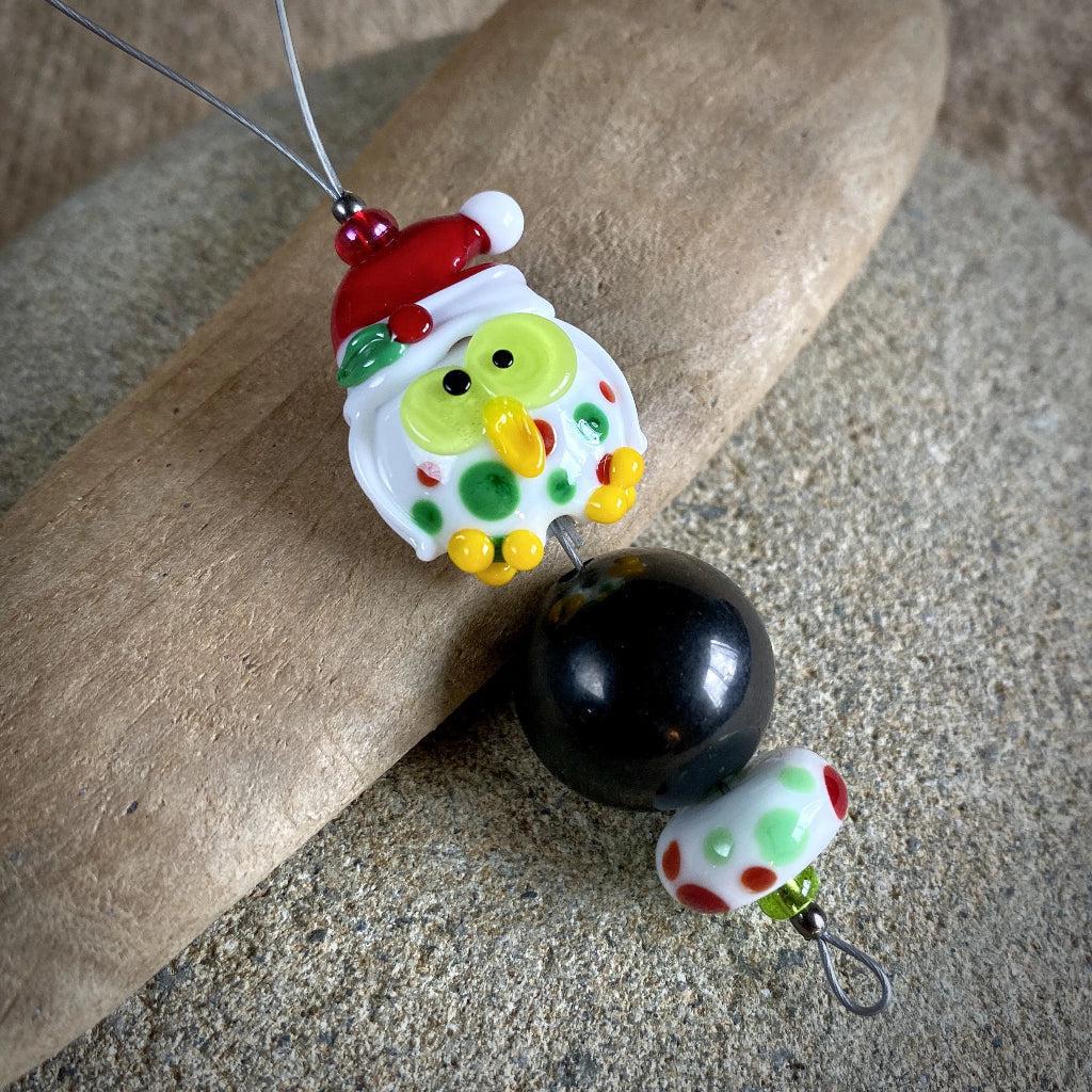 Adorable Christmas Owl & Shungite Ornament, Polka Dots & Christmas Hat - Shungite Queen