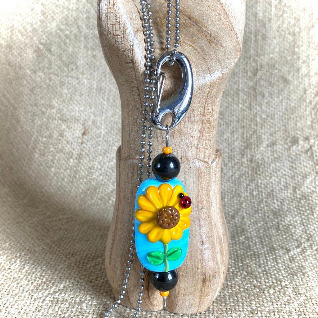 Artisan Lampwork Glass Sunflower Necklace or Hangable, With Shungite