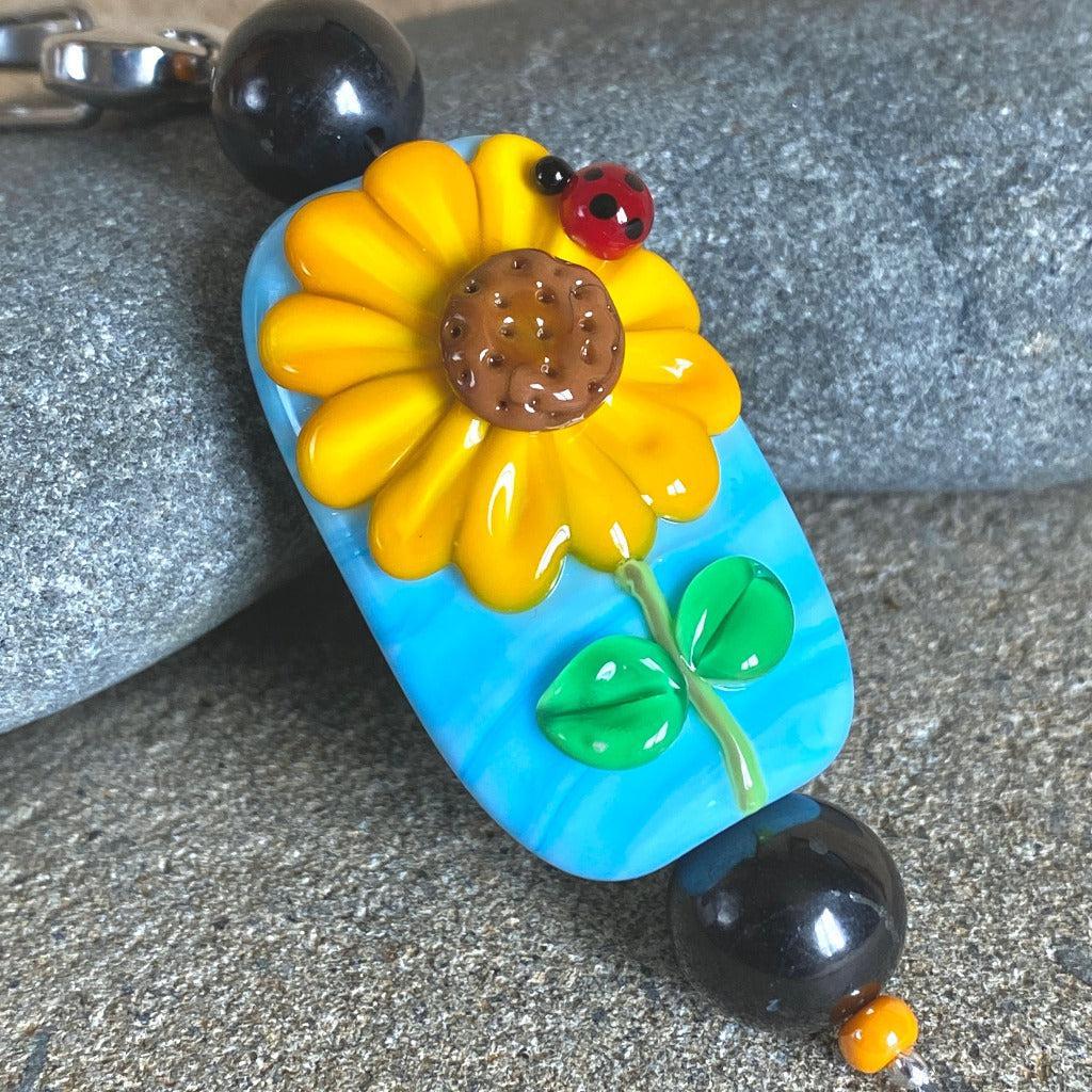 Artisan Lampwork Glass Sunflower Necklace or Hangable, With Shungite