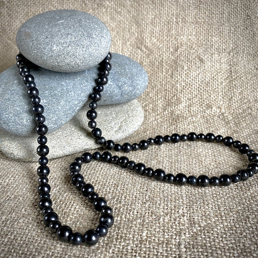 Long Black Shungite Round Bead Necklace, 30 Inches, Alternating Beads