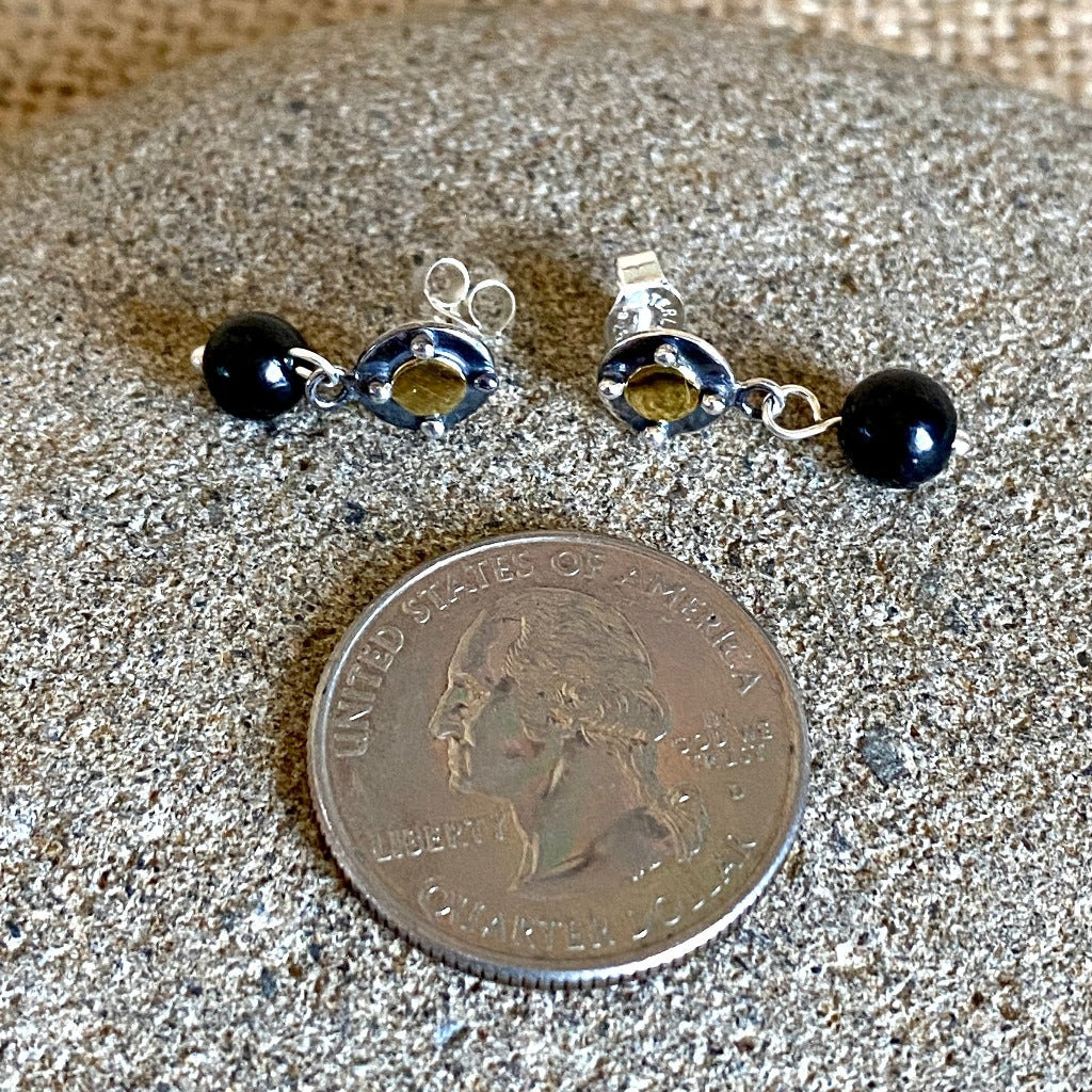 Shungite Post Earrings, Sterling Silver & Bronze Circle in Circle