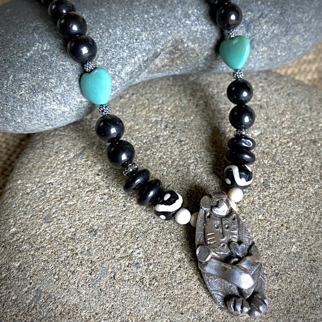 Shungite Necklace w/Juggling Hearts Cat Pendant, Turquoise Heart Beads