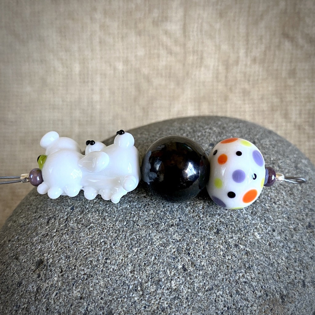 Hangable White Dragon Shungite Accessory w/Lampwork Glass Beads