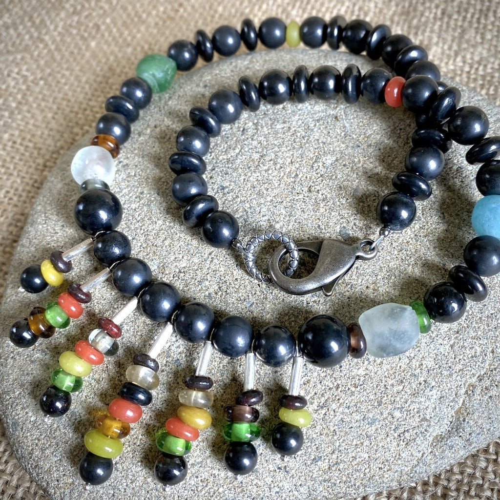 Tribal Necklace, Waterfall Style, Black Shungite & Recycled African Glass